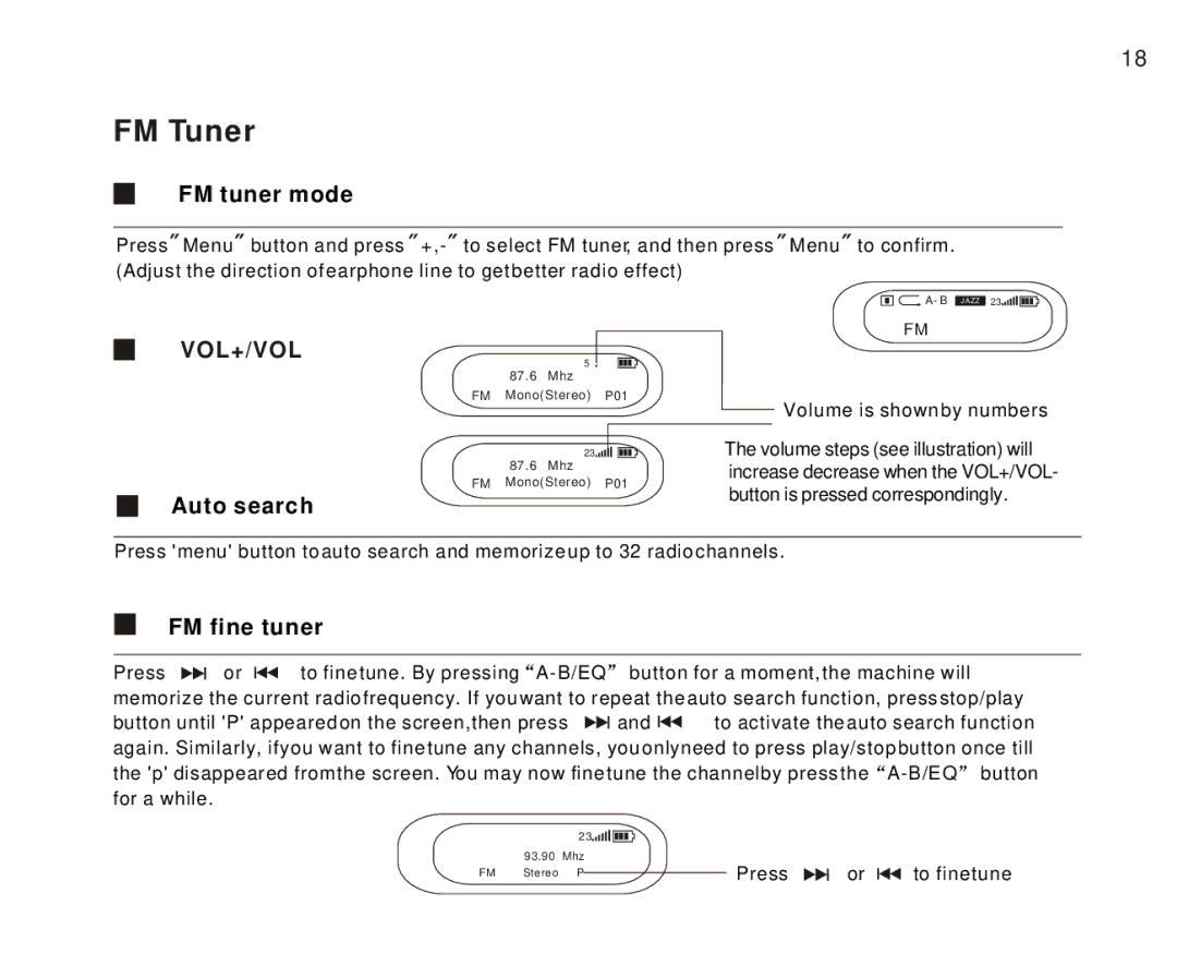 Foxda Tech FM-6603 manual FM tuner mode, Auto search, FM fine tuner 