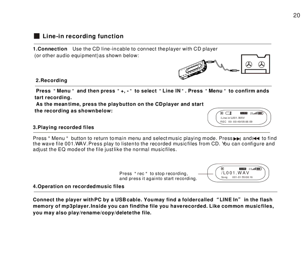 Foxda Tech FM-6603 manual Line-in recording function, Playing recorded files 