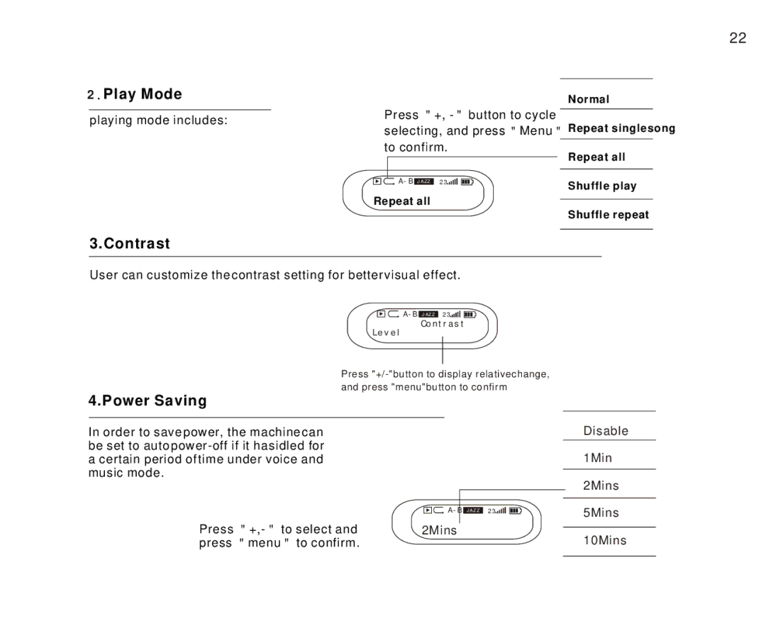 Foxda Tech FM-6603 manual Play Mode, Contrast, Power Saving 