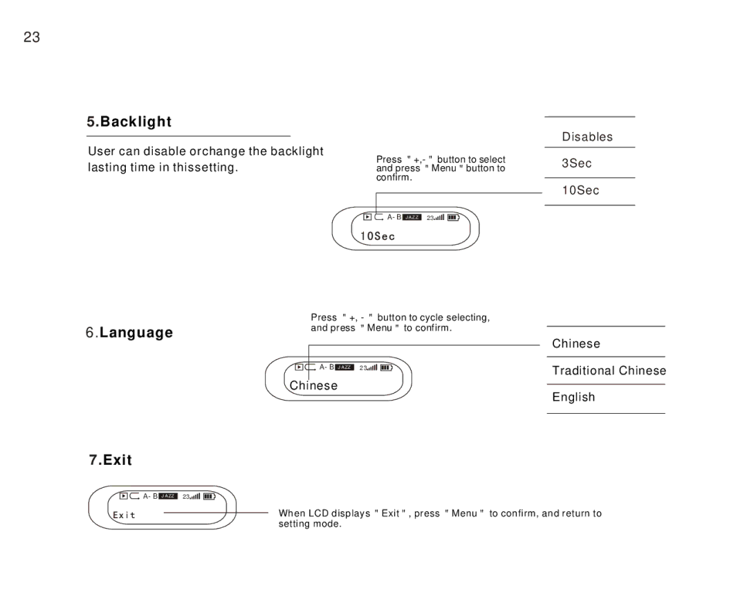 Foxda Tech FM-6603 manual Backlight, Language, Exit 