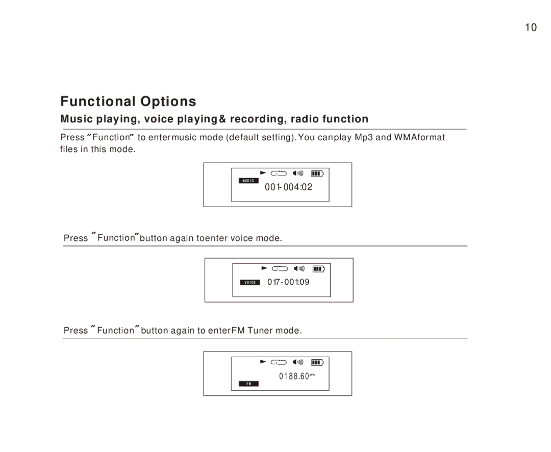 Foxda Tech FM-6605 manual Functional Options, Music playing, voice playing & recording, radio function 