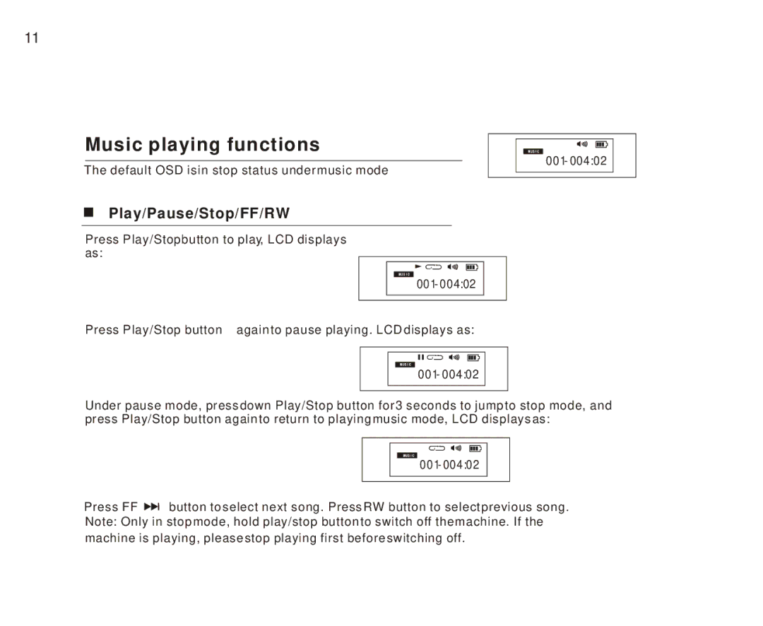 Foxda Tech FM-6605 manual Music playing functions, Play/Pause/Stop/FF/RW 