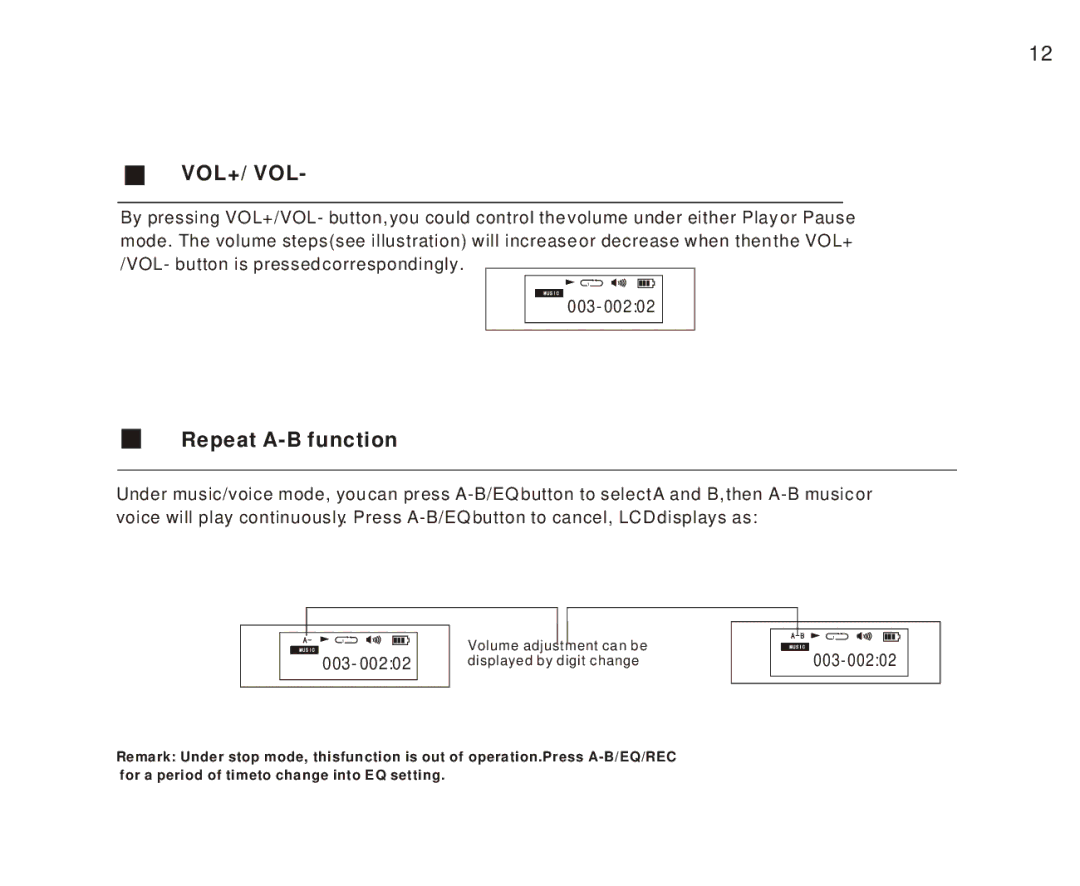 Foxda Tech FM-6605 manual Vol+/ Vol, Repeat A-B function 