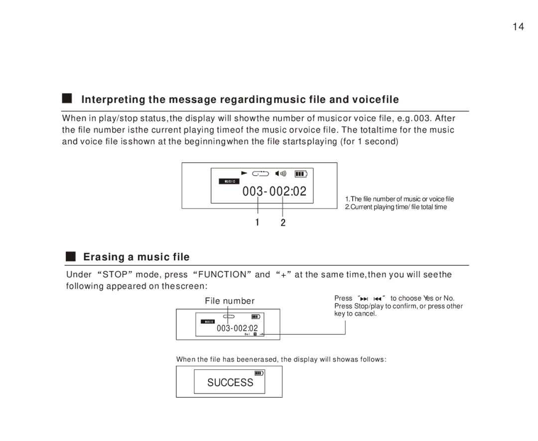 Foxda Tech FM-6605 manual Interpreting the message regarding music file and voice file, Erasing a music file 