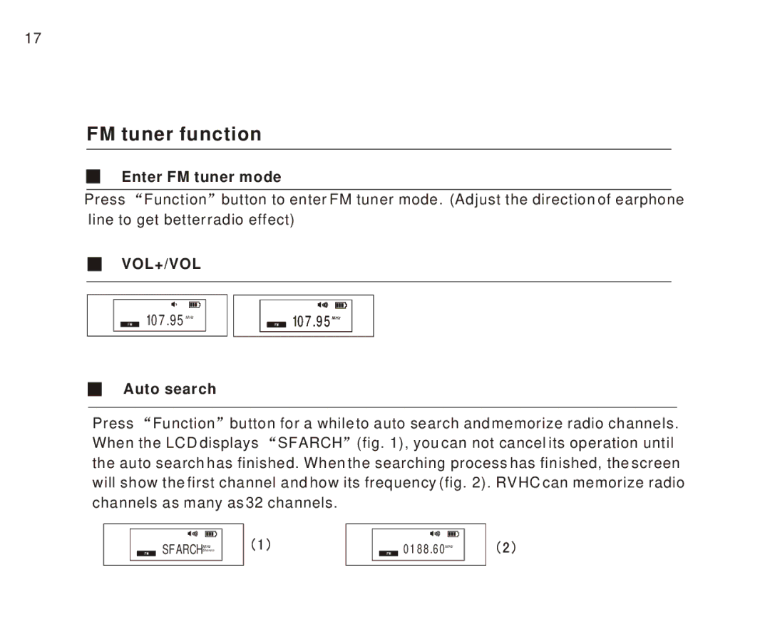 Foxda Tech FM-6605 manual FM tuner function, Enter FM tuner mode, Auto search 