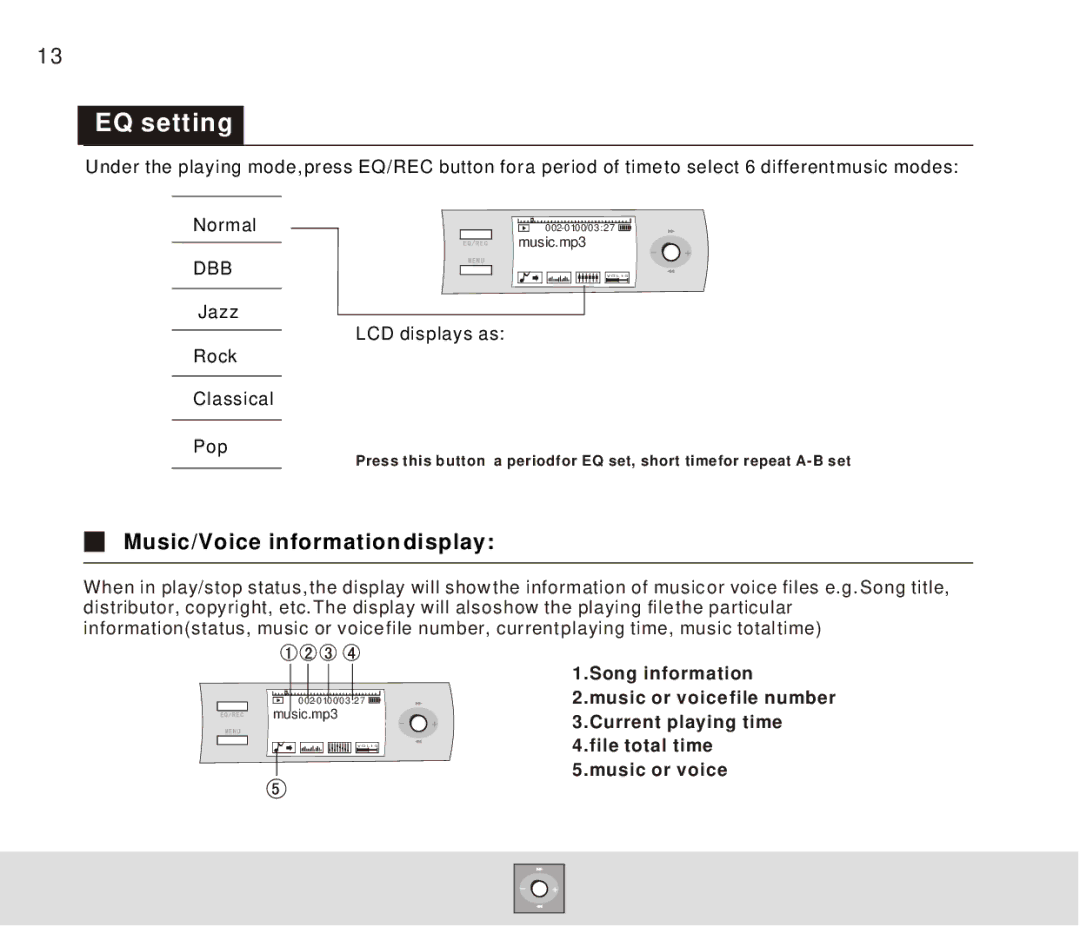 Foxda Tech FM-6606 manual EQ setting, Music/Voice information display 