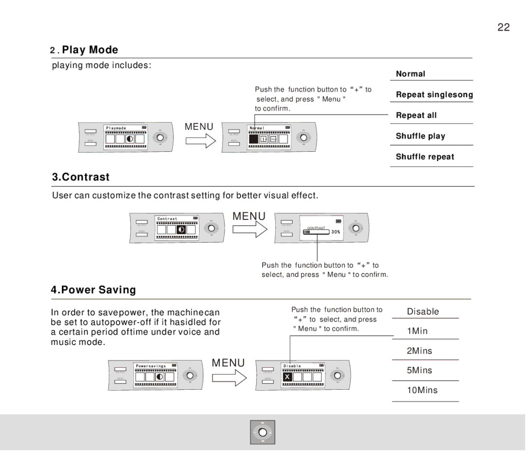 Foxda Tech FM-6606 manual Play Mode, Contrast, Power Saving 