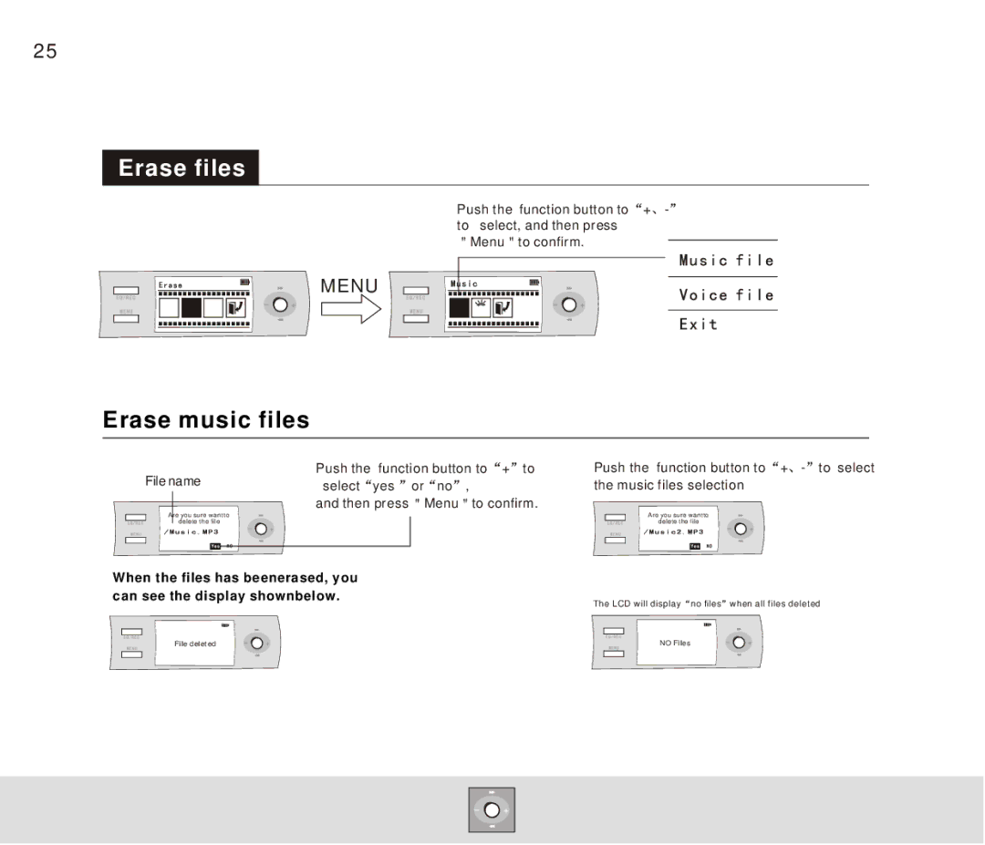 Foxda Tech FM-6606 manual Erase files, Erase music files 