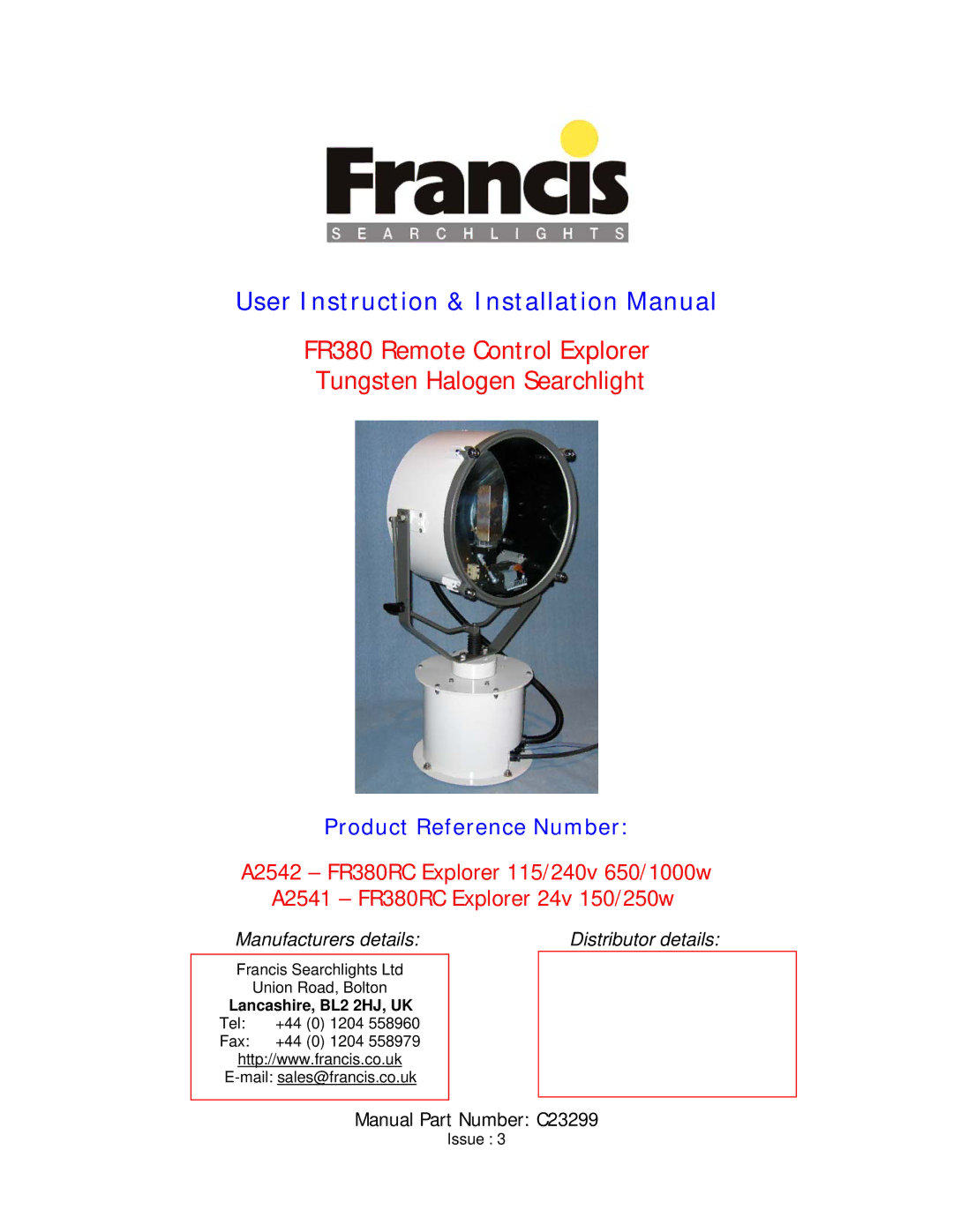 FrancisFrancis A2541, FR380 manual User Instruction & Installation Manual 