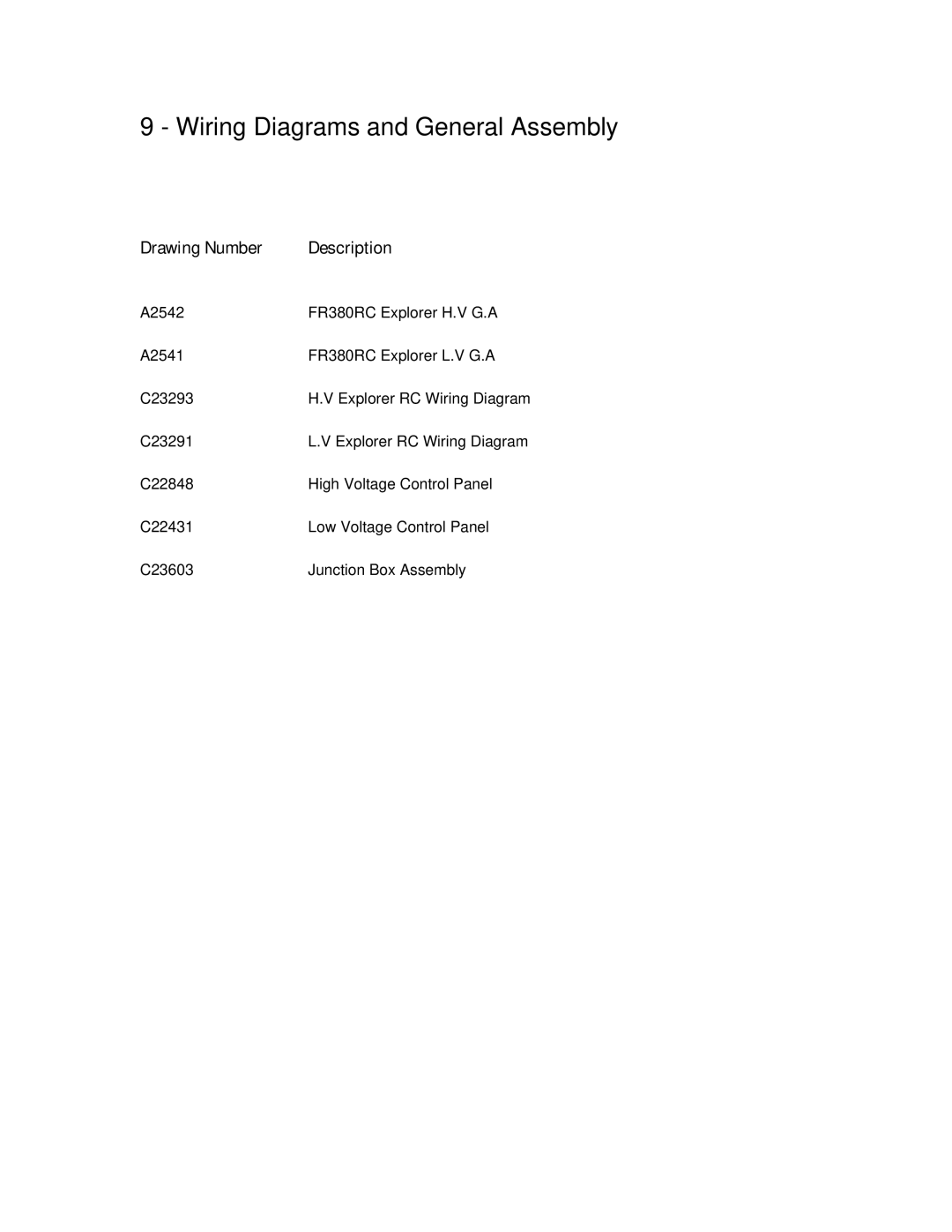 FrancisFrancis A2541, FR380 manual Wiring Diagrams and General Assembly, Drawing Number Description 