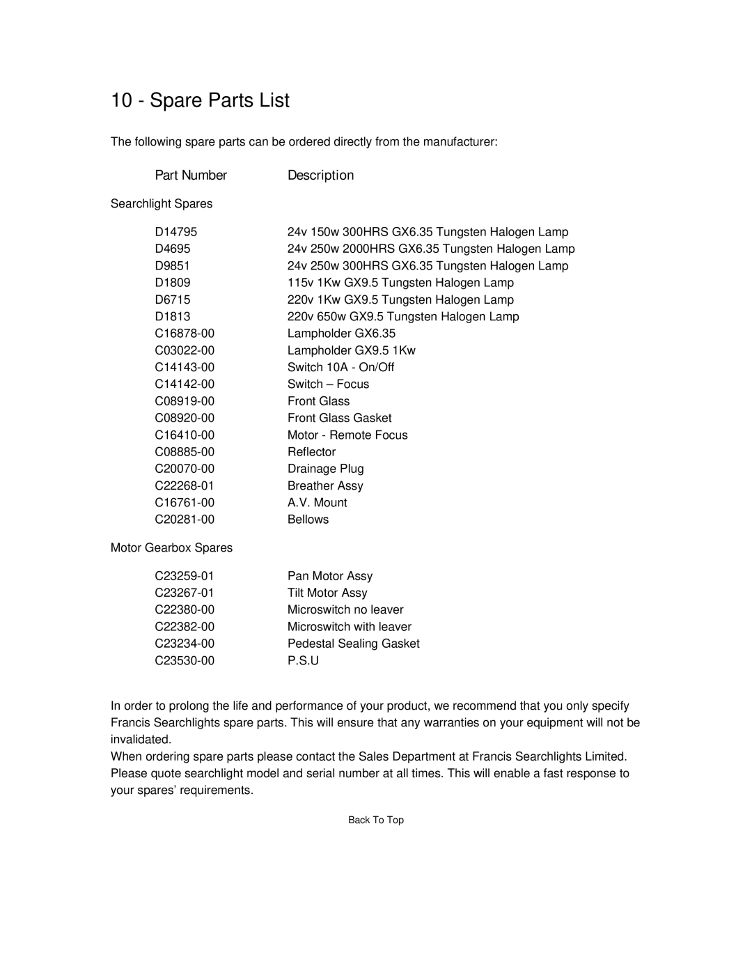 FrancisFrancis A2541, FR380 manual Spare Parts List, Part Number Description 