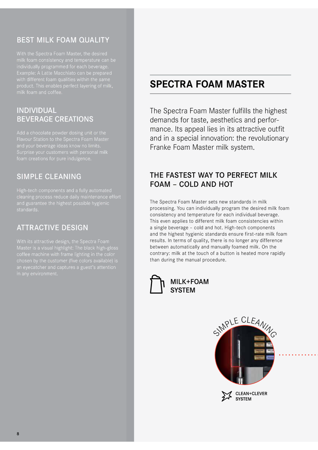 Franke Consumer Products 471086A1 manual Spectra Foam Master, Best milk foam quality, Individual beverage creations 