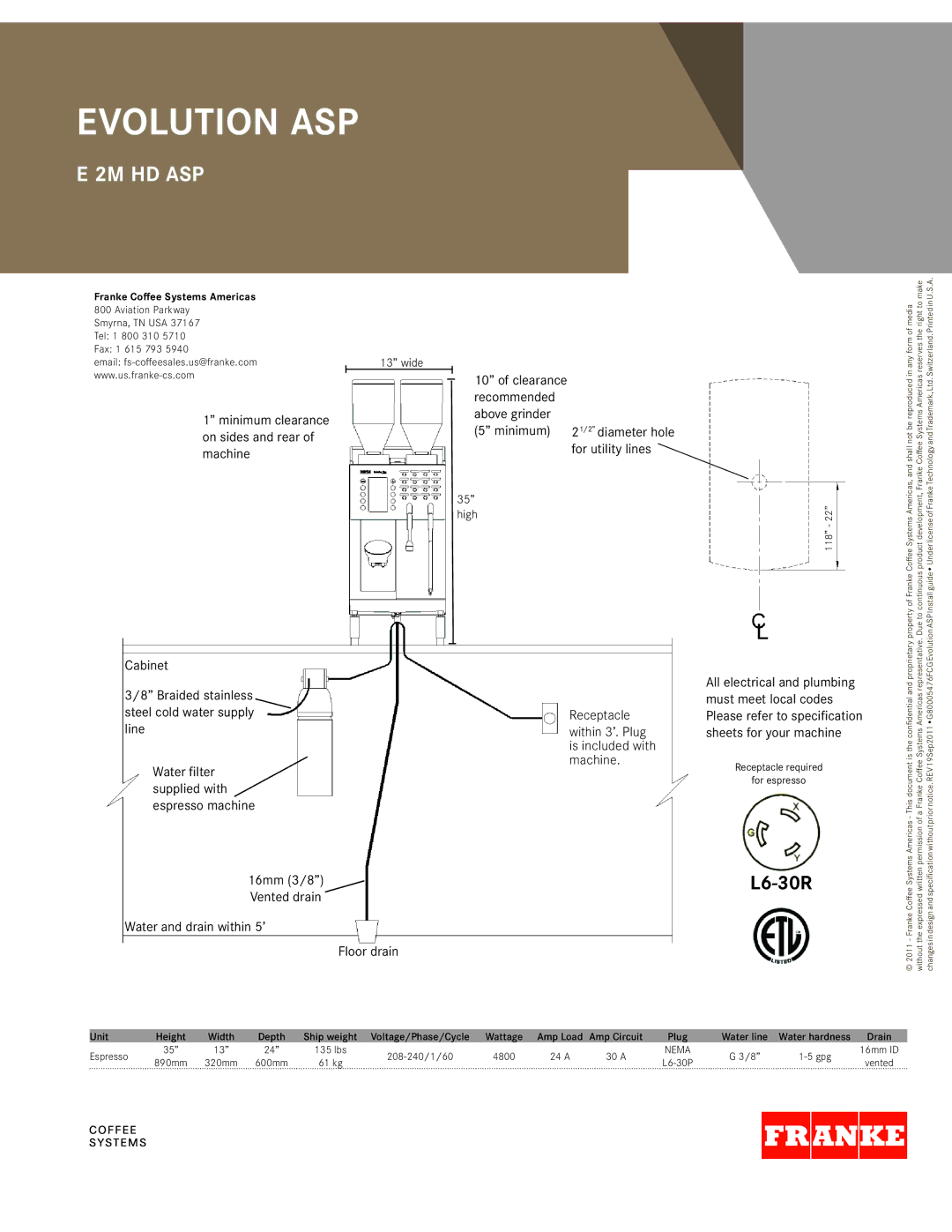 Franke Consumer Products E 2M HD ASP specifications Evolution ASP, 2M hd asp, L6-30R 