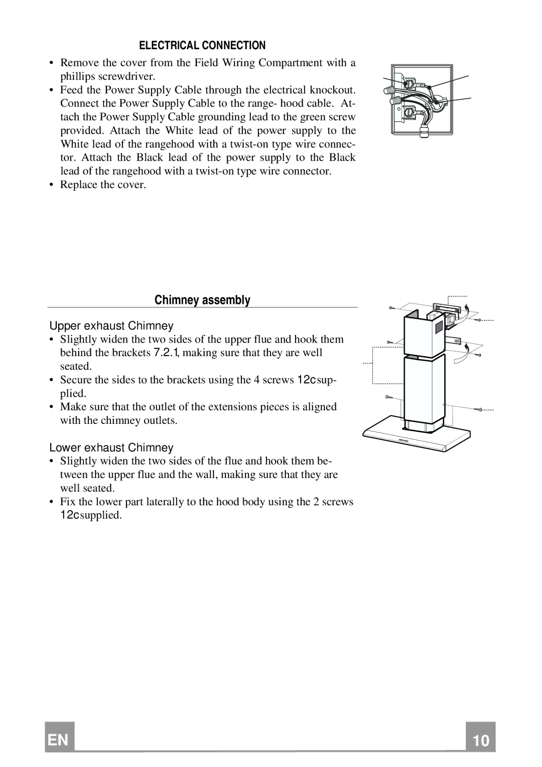 Franke Consumer Products FAD 367 W Chimney assembly, Electrical Connection, Upper exhaust Chimney, Lower exhaust Chimney 