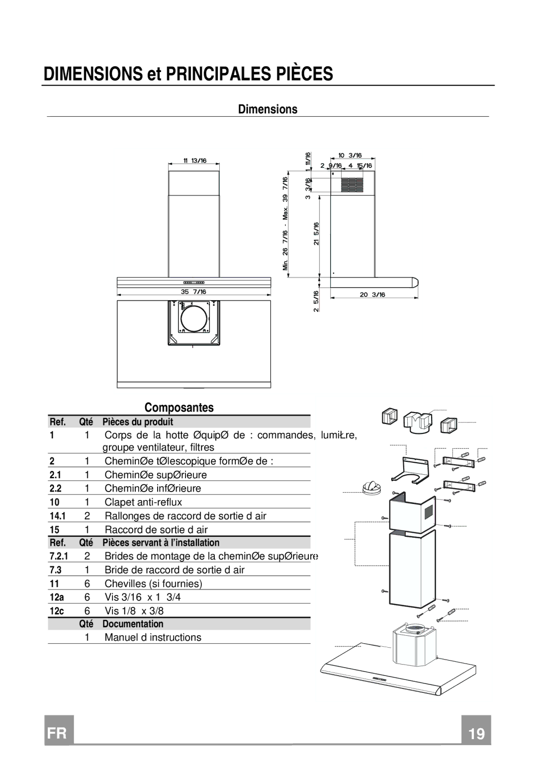 Franke Consumer Products FAD 367 W installation instructions Dimensions et Principales Pièces 