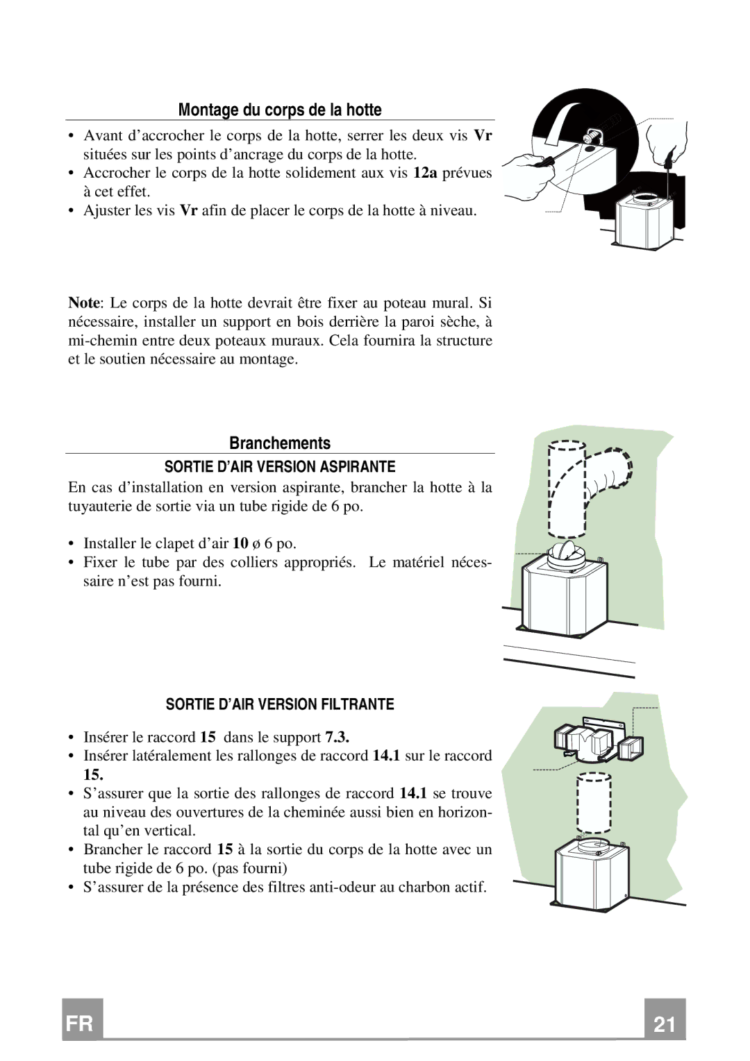 Franke Consumer Products FAD 367 W Montage du corps de la hotte, Branchements, Sortie D’AIR Version Aspirante 