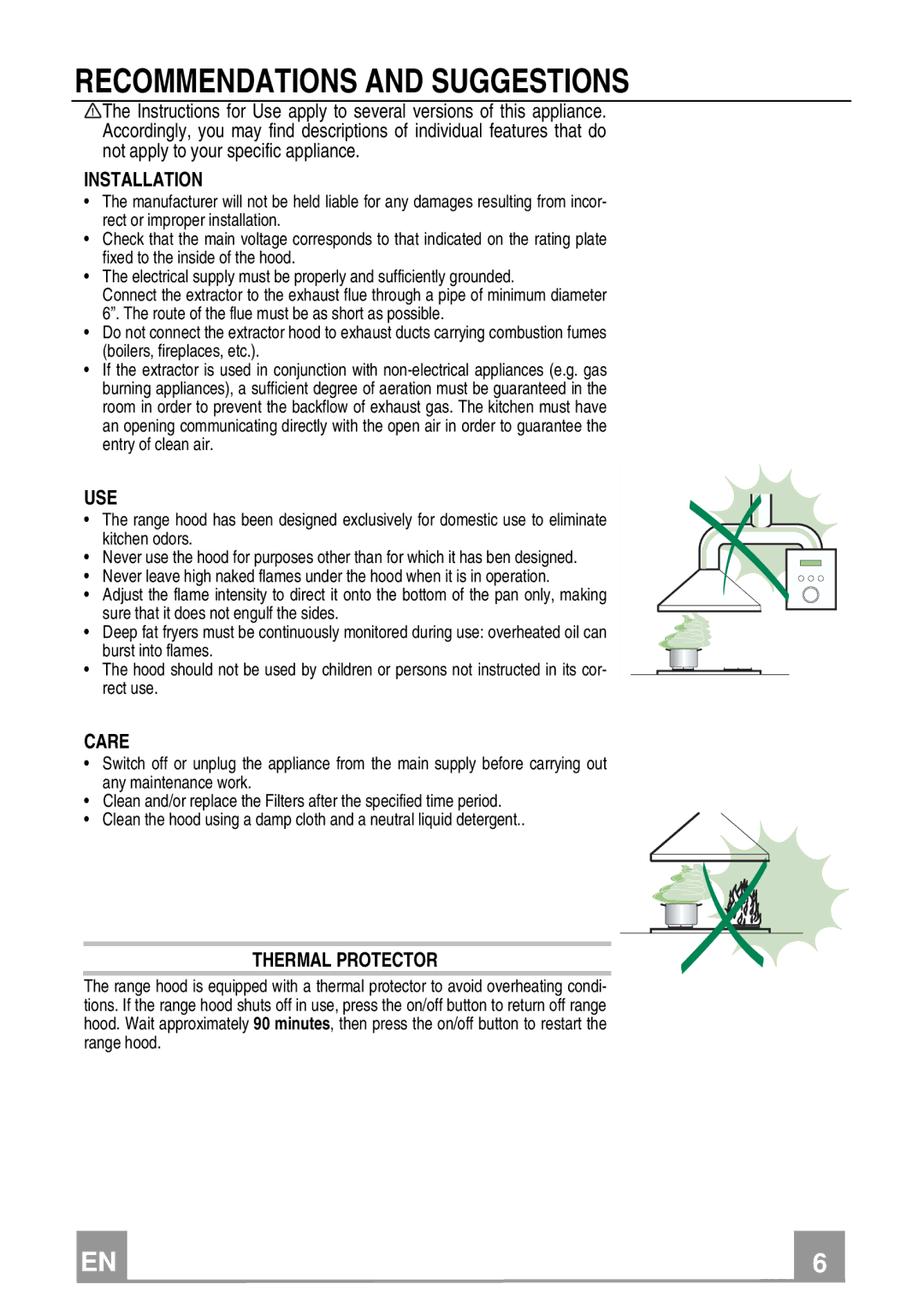 Franke Consumer Products FAD 367 W Recommendations and Suggestions, Installation, Use, Care, Thermal Protector 