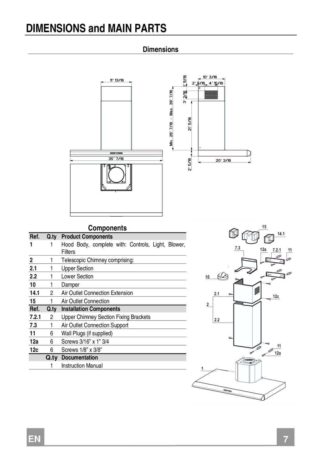 Franke Consumer Products FAD 367 W installation instructions Dimensions and Main Parts 