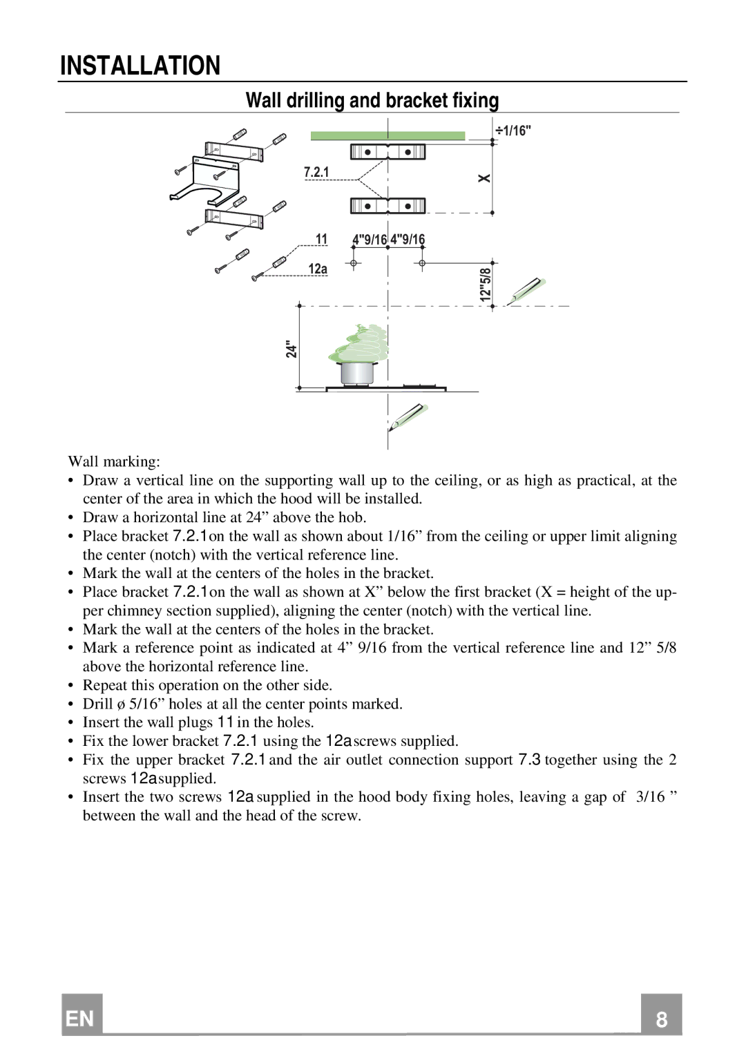 Franke Consumer Products FAD 367 W installation instructions Installation, Wall drilling and bracket fixing 