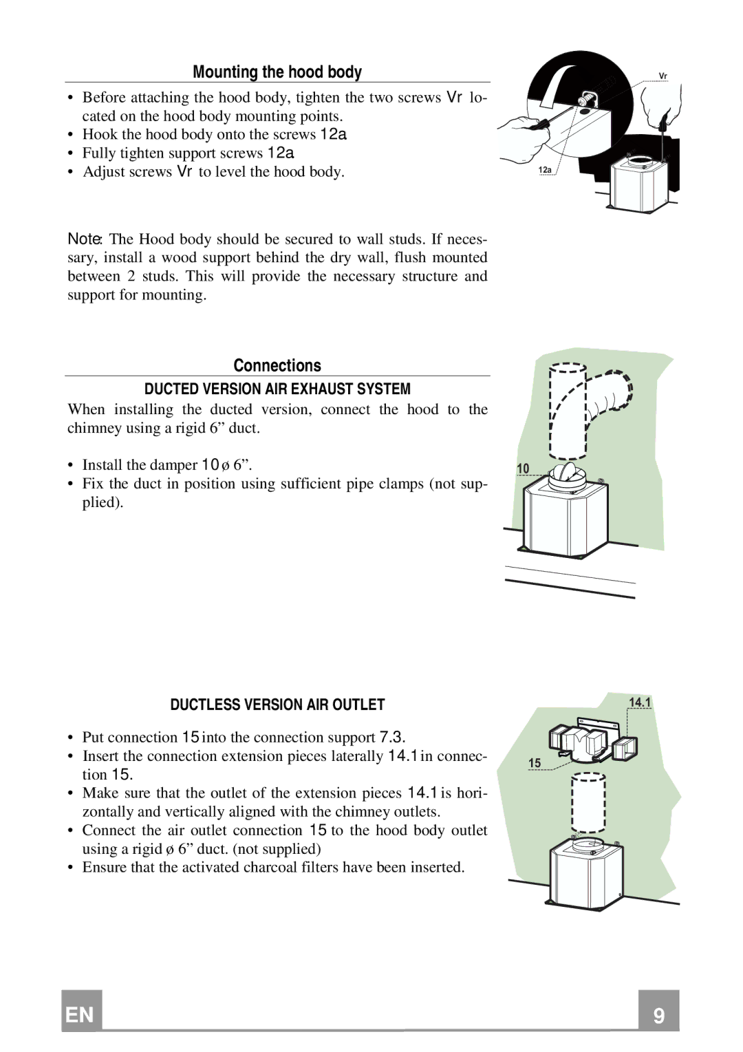 Franke Consumer Products FAD 367 W Mounting the hood body, Connections, Ducted Version AIR Exhaust System 