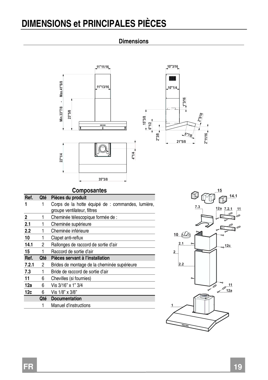 Franke Consumer Products FCH 367 installation instructions Dimensions et Principales Pièces 