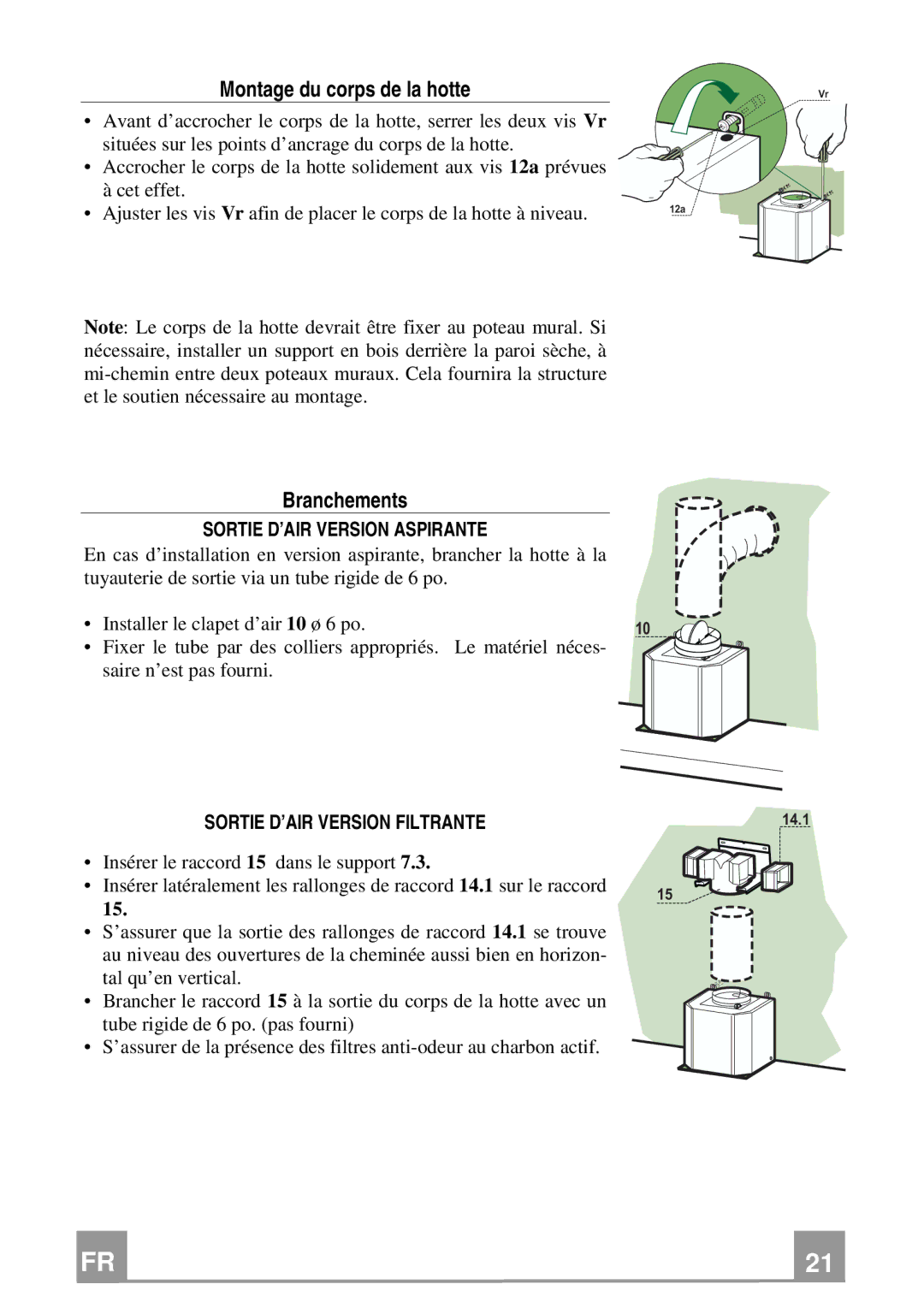 Franke Consumer Products FCH 367 Montage du corps de la hotte, Branchements, Sortie D’AIR Version Aspirante 