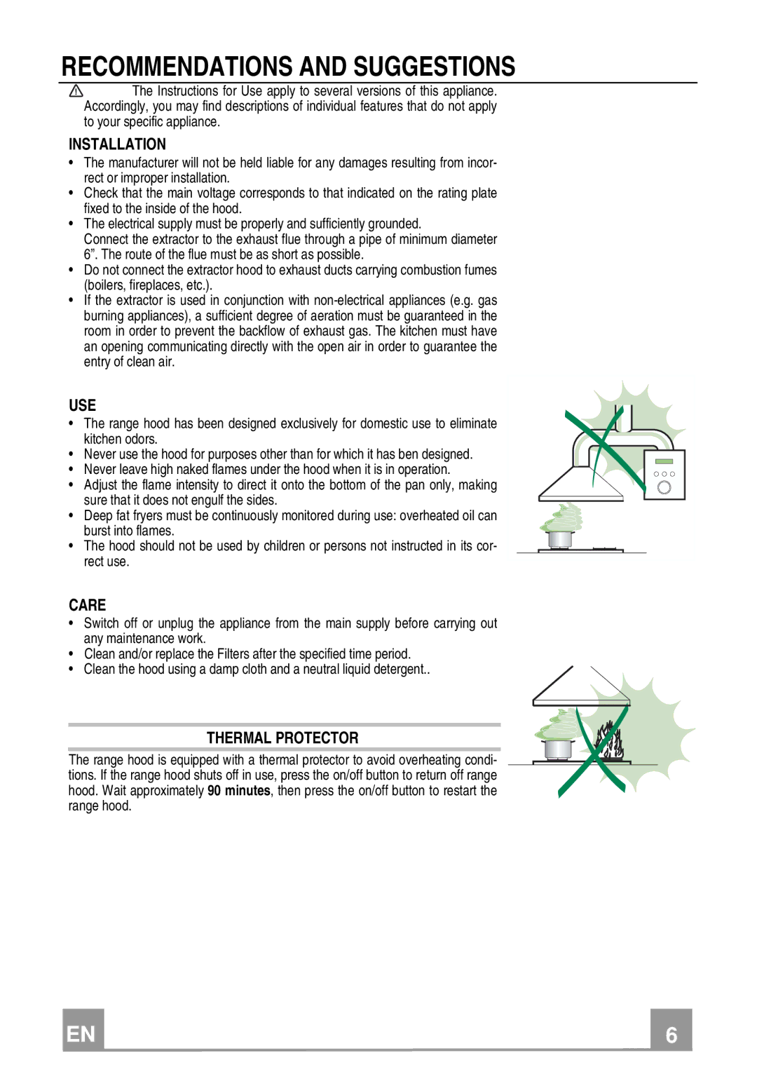 Franke Consumer Products FCH 367 Recommendations and Suggestions, Installation, Use, Care, Thermal Protector 