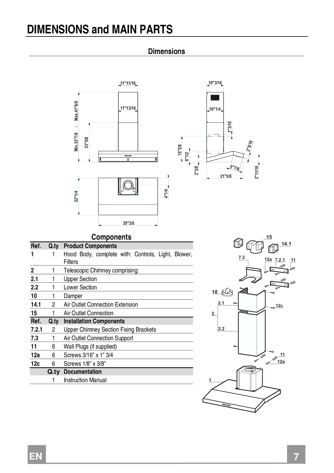 Franke Consumer Products FCH 367 installation instructions Dimensions and Main Parts 