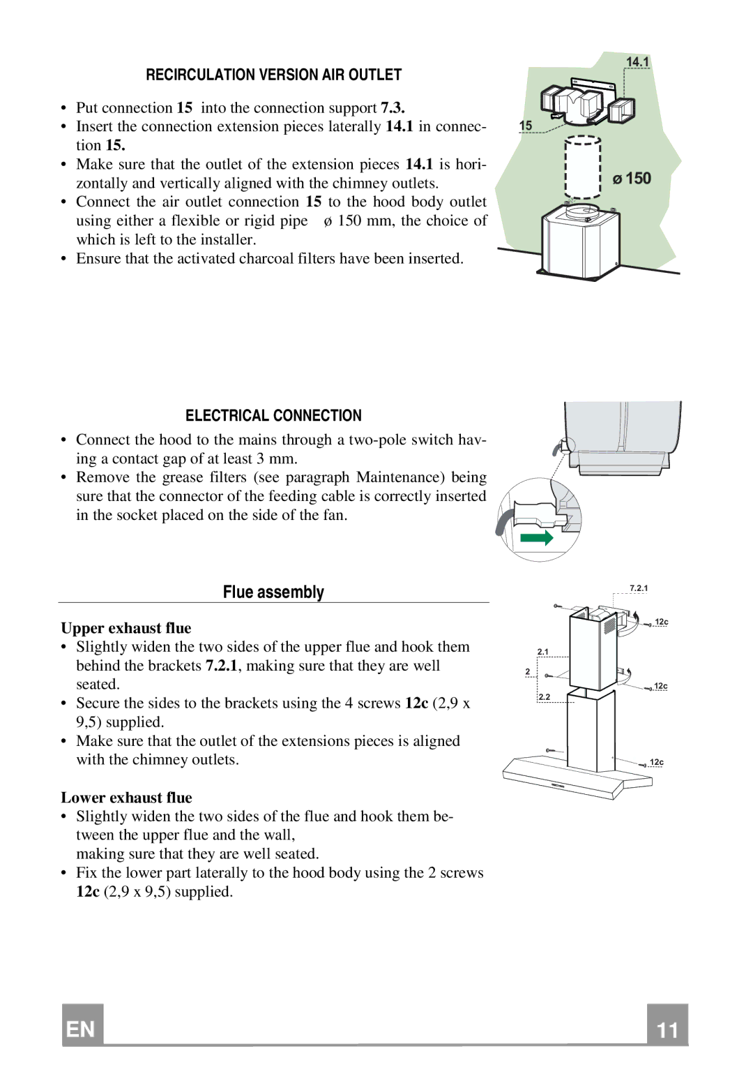 Franke Consumer Products FCH 906 XS ECS manual Flue assembly, Recirculation Version AIR Outlet, Electrical Connection 