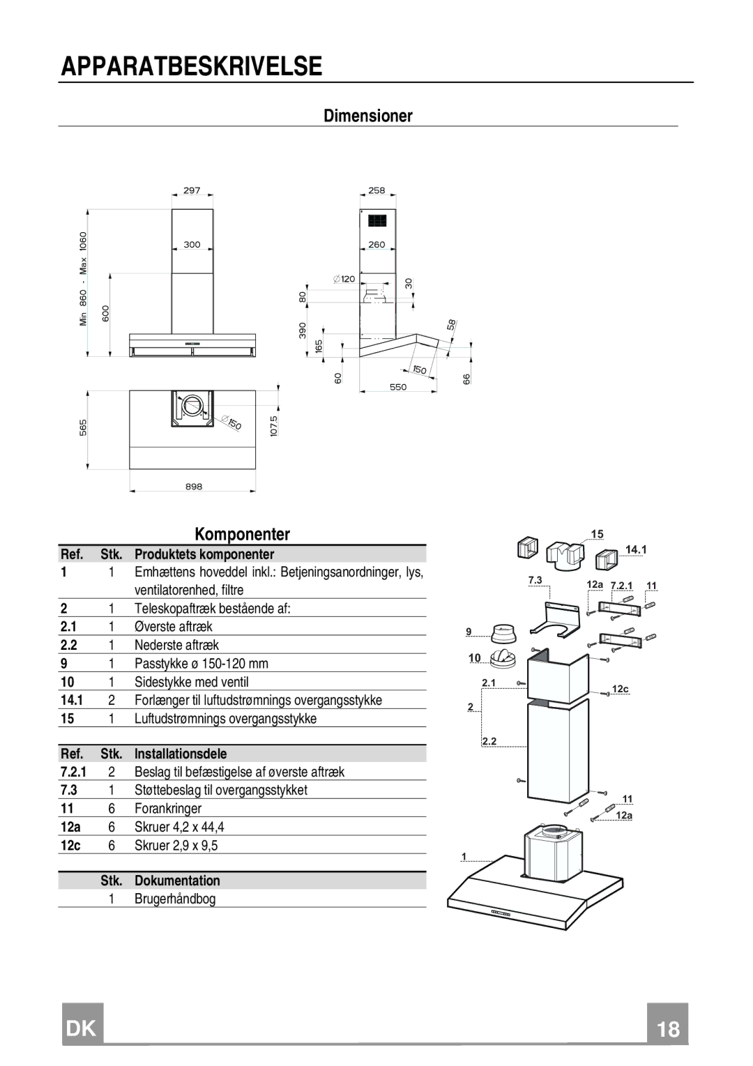 Franke Consumer Products FCH 906 XS ECS manual Apparatbeskrivelse, Dimensioner Komponenter 