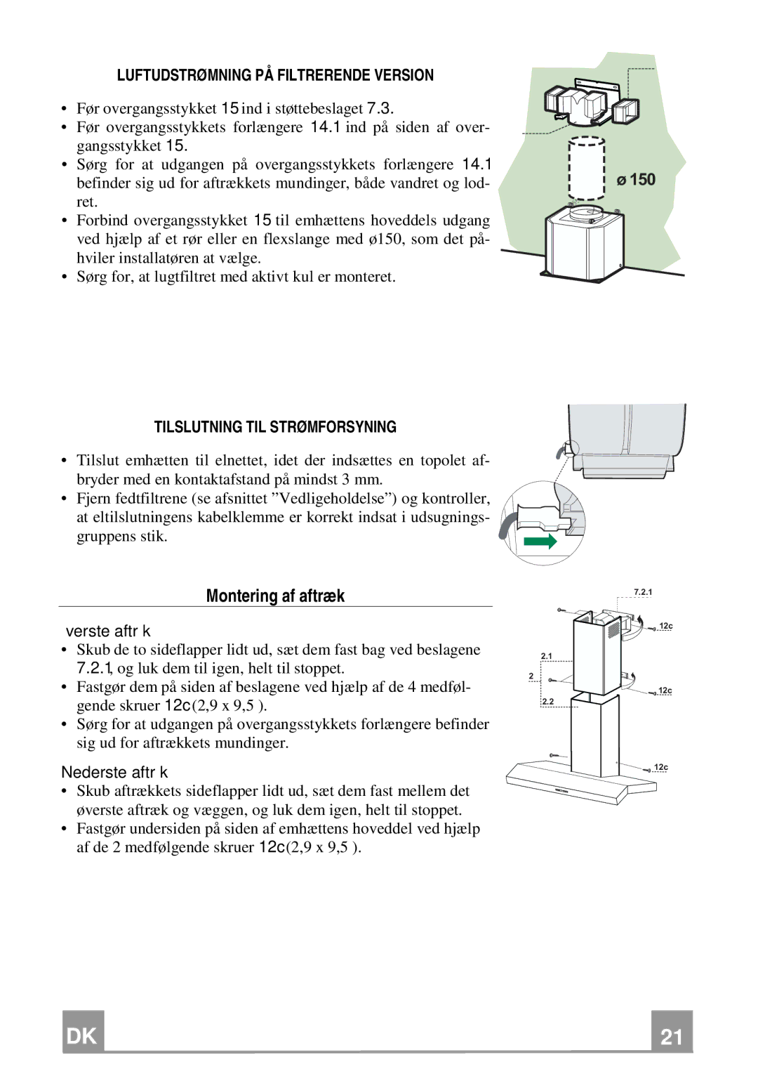 Franke Consumer Products FCH 906 XS ECS manual Montering af aftræk, Luftudstrømning PÅ Filtrerende Version, Øverste aftræk 