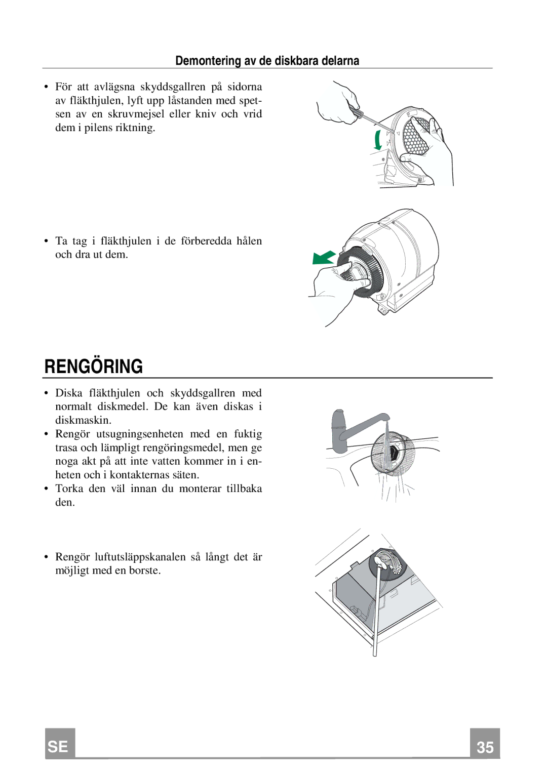 Franke Consumer Products FCH 906 XS ECS manual Rengöring, Demontering av de diskbara delarna 