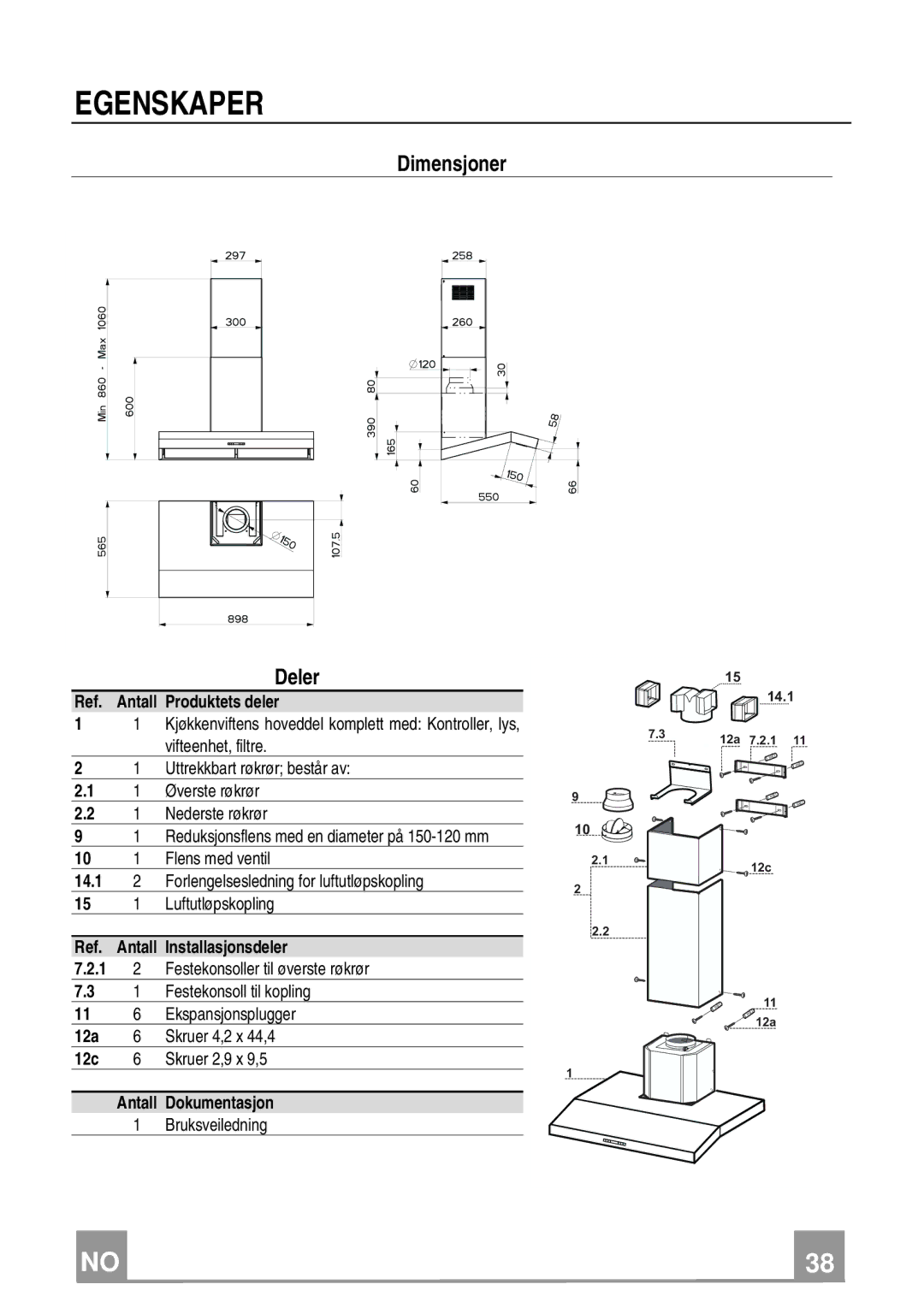 Franke Consumer Products FCH 906 XS ECS manual Egenskaper, Dimensjoner Deler 