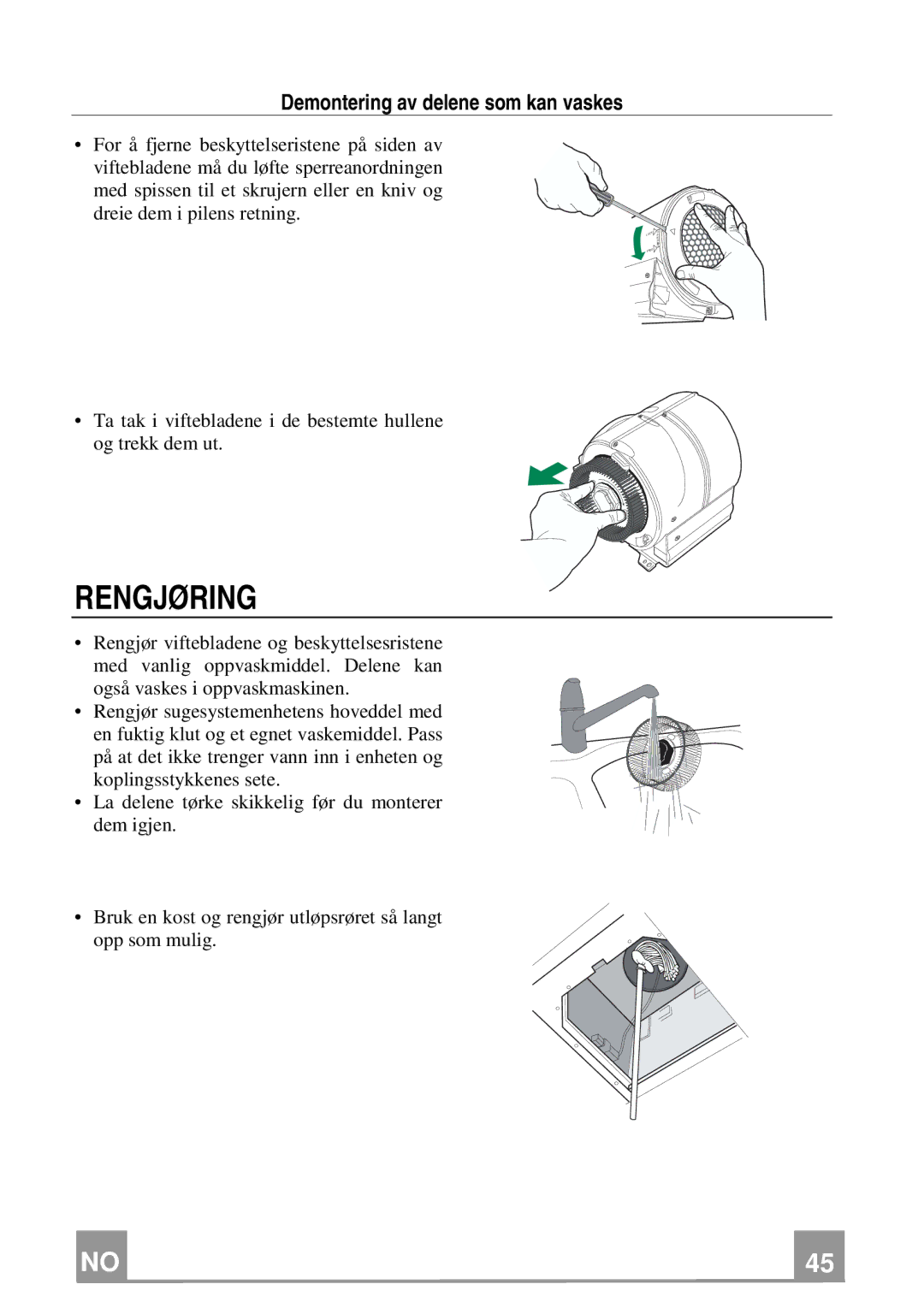 Franke Consumer Products FCH 906 XS ECS manual Rengjøring, Demontering av delene som kan vaskes 