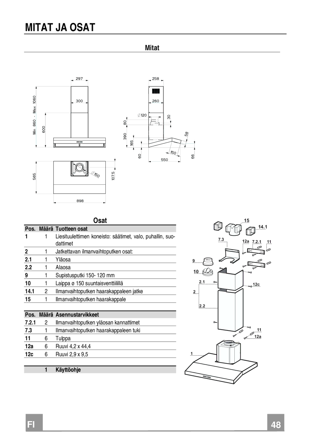 Franke Consumer Products FCH 906 XS ECS manual Mitat JA Osat 