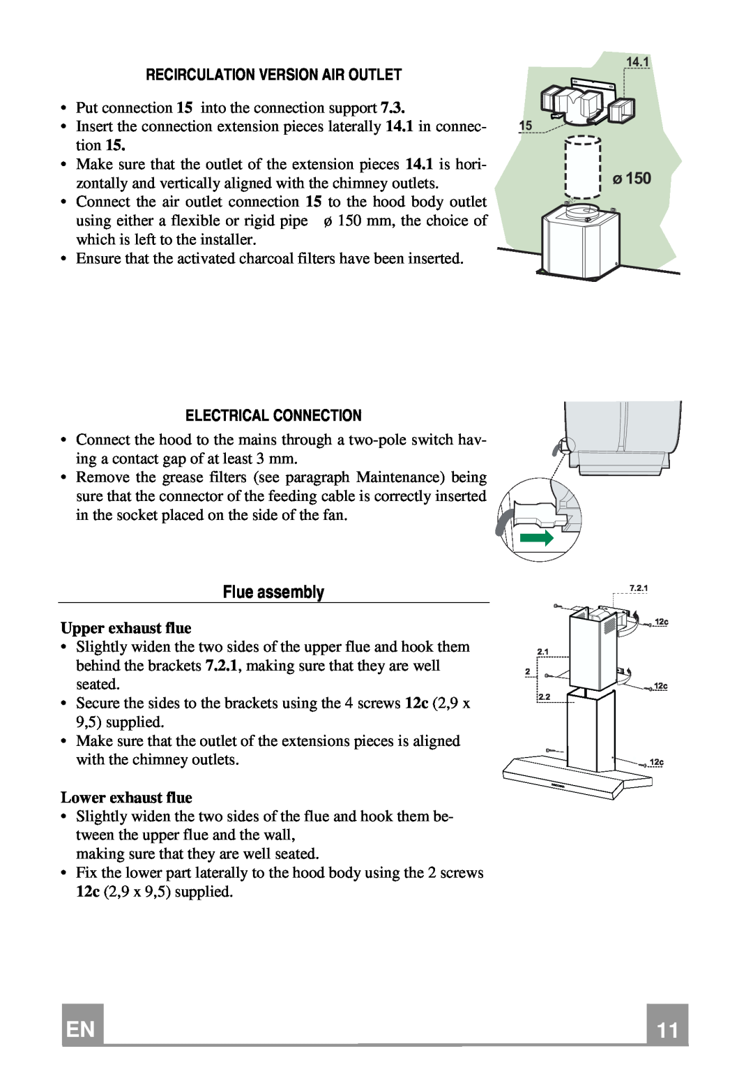 Franke Consumer Products FCH 906 XS ECS manual Flue assembly, Recirculation Version Air Outlet, Electrical Connection 