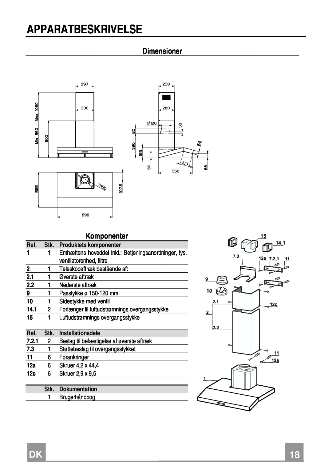 Franke Consumer Products FCH 906 XS ECS manual Apparatbeskrivelse, Dimensioner, Komponenter 