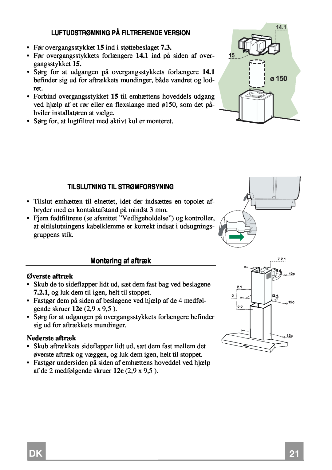 Franke Consumer Products FCH 906 XS ECS manual Montering af aftræk, Luftudstrømning På Filtrerende Version, Øverste aftræk 