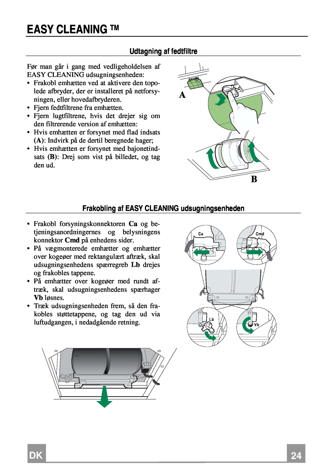 Franke Consumer Products FCH 906 XS ECS manual Udtagning af fedtfiltre, Frakobling af EASY CLEANING udsugningsenheden 