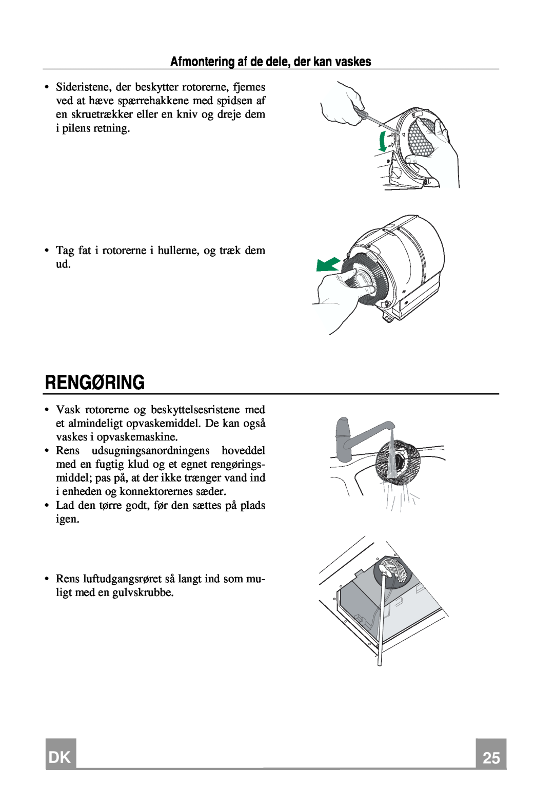 Franke Consumer Products FCH 906 XS ECS manual Rengøring, Afmontering af de dele, der kan vaskes 