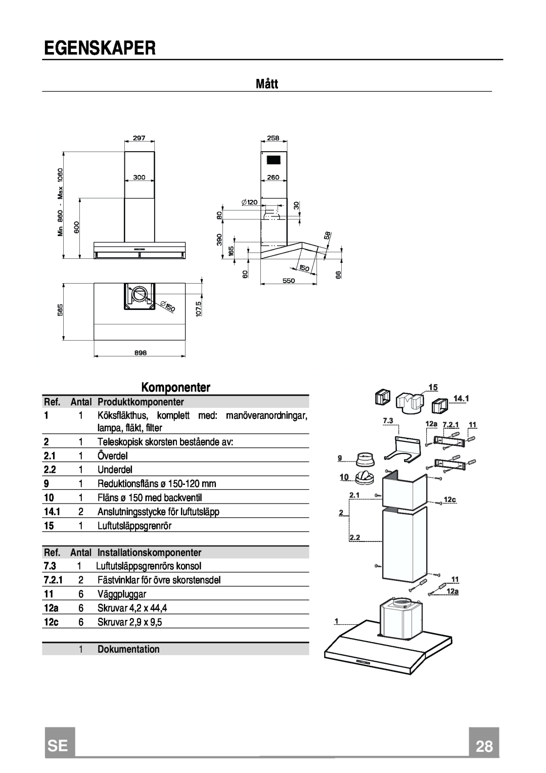 Franke Consumer Products FCH 906 XS ECS manual Egenskaper, Komponenter, Ref. Antal Produktkomponenter 