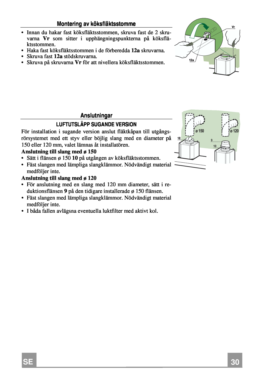 Franke Consumer Products FCH 906 XS ECS manual Montering av köksfläktsstomme, Anslutningar, Luftutsläpp Sugande Version 