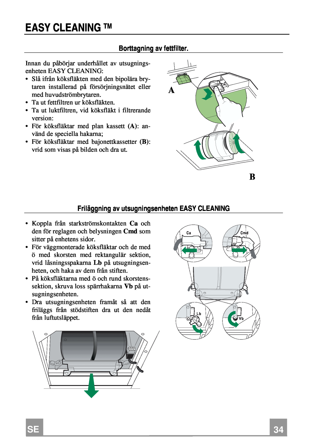 Franke Consumer Products FCH 906 XS ECS manual Borttagning av fettfilter, Friläggning av utsugningsenheten EASY CLEANING 