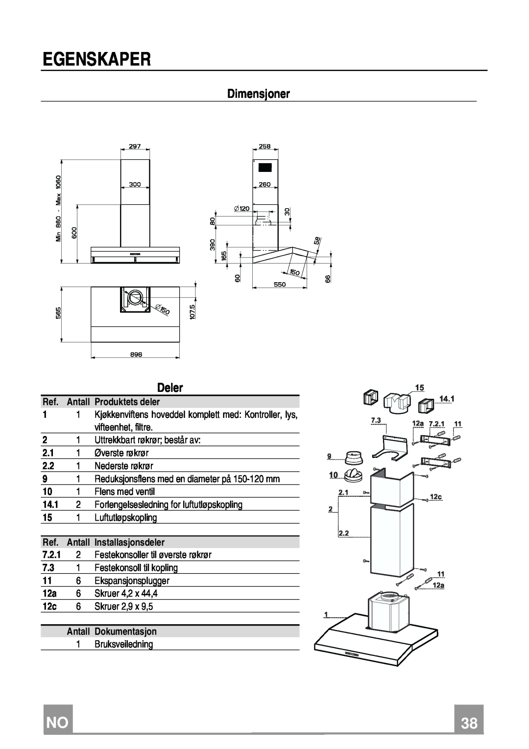Franke Consumer Products FCH 906 XS ECS manual Egenskaper, Dimensjoner, Deler 