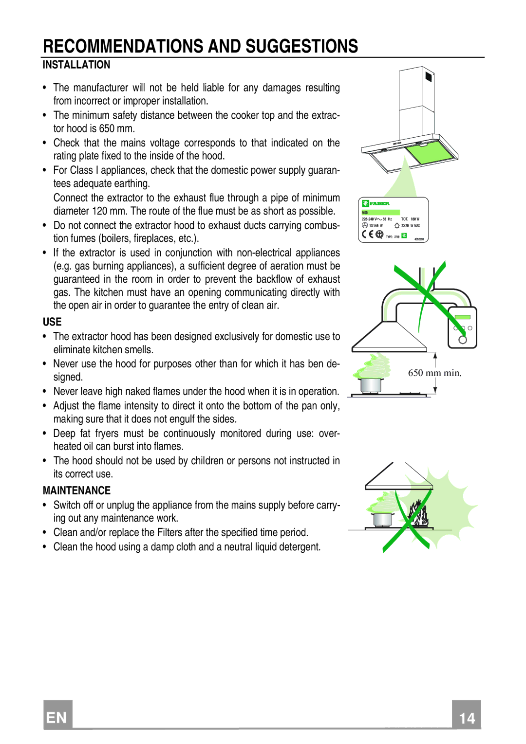 Franke Consumer Products FCH 906 manual Recommendations and Suggestions, Installation, Use, Maintenance 