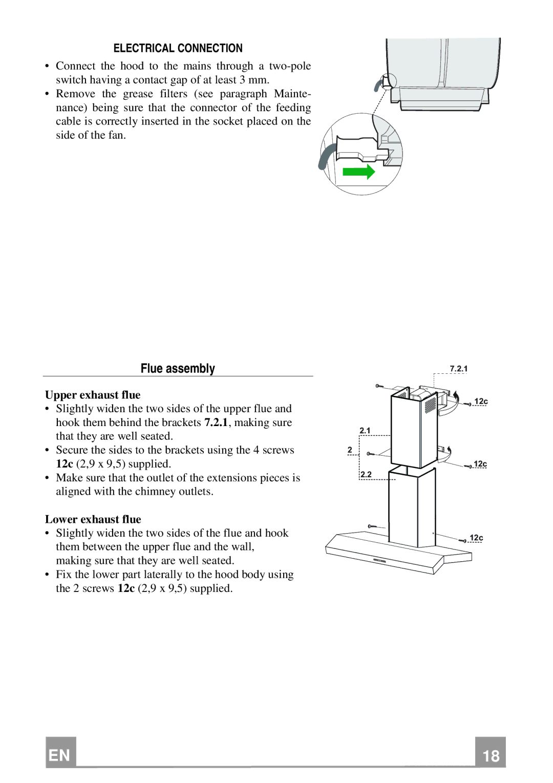 Franke Consumer Products FCH 906 manual Flue assembly, Electrical Connection, Upper exhaust flue, Lower exhaust flue 