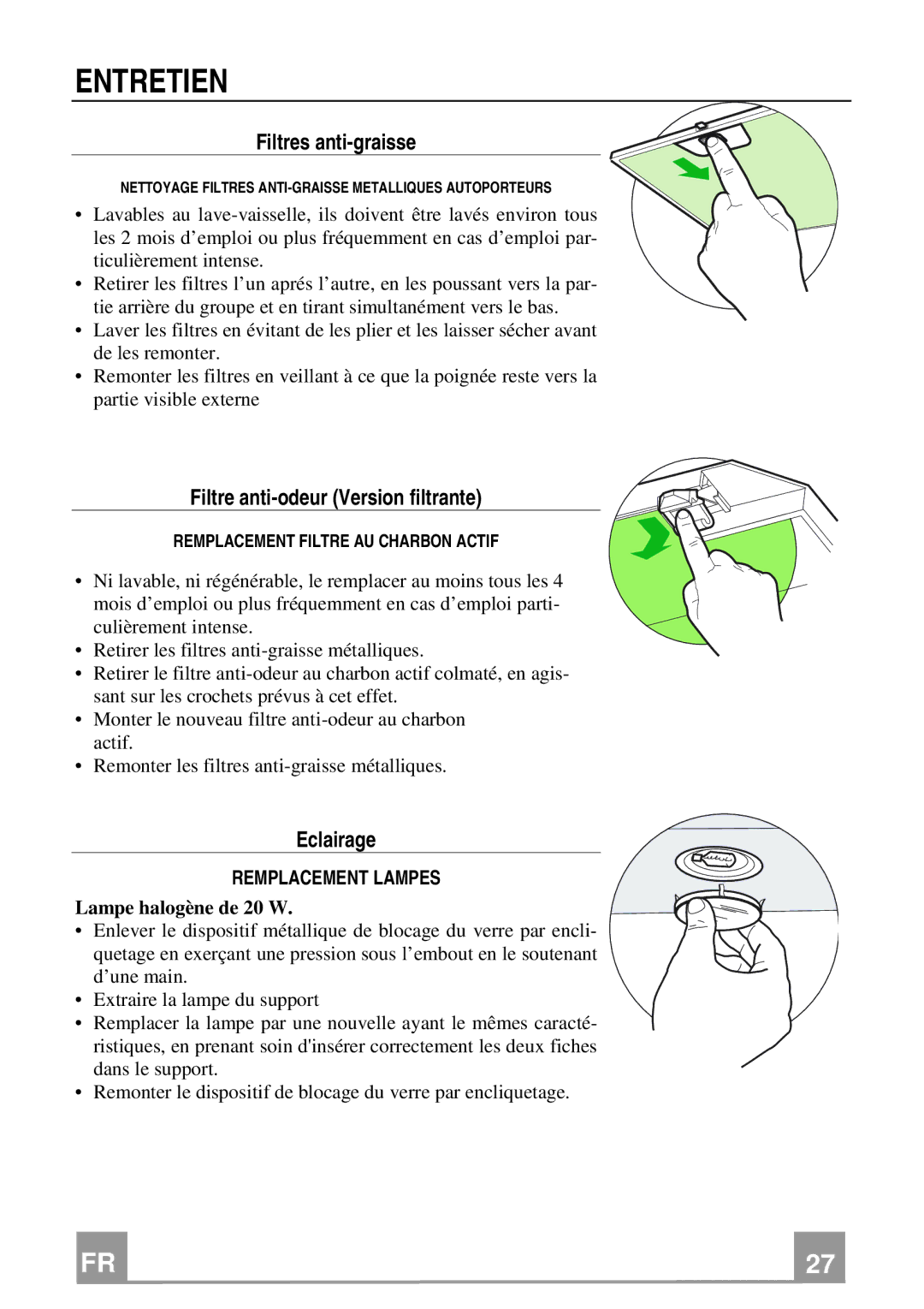 Franke Consumer Products FCH 906 manual Entretien, Filtres anti-graisse, Filtre anti-odeur Version filtrante, Eclairage 