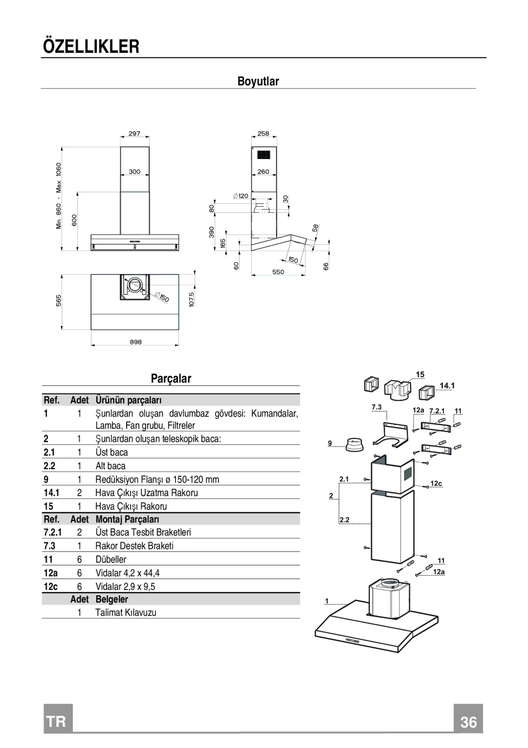 Franke Consumer Products FCH 906 manual Özellikler, Boyutlar Parçalar 