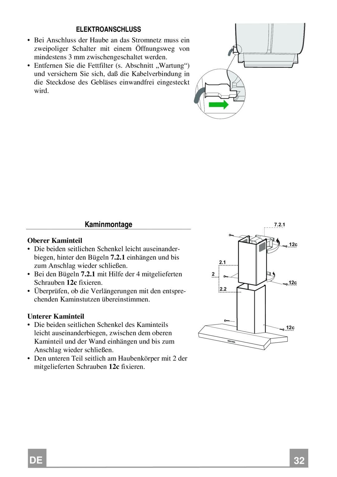 Franke Consumer Products FCH 906 manual Kaminmontage, Elektroanschluss 