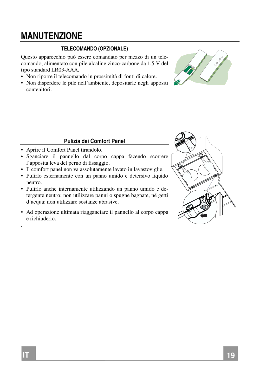 Franke Consumer Products FCR 708-H TC manual Manutenzione, Pulizia dei Comfort Panel, Telecomando Opzionale 